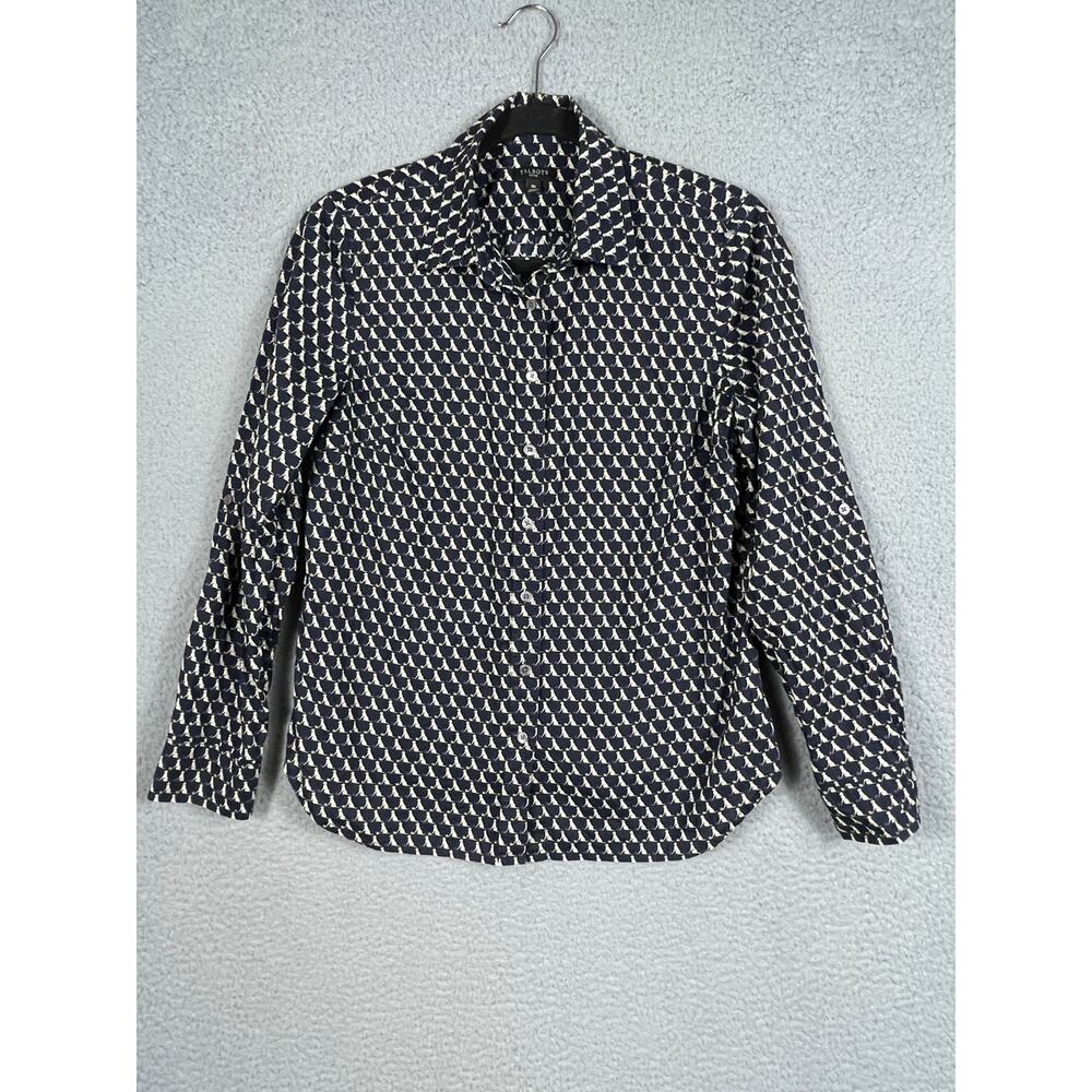 Talbots Womens Top Size 8P Button Up Long Sleeve Dog Print Navy Blue Shirt